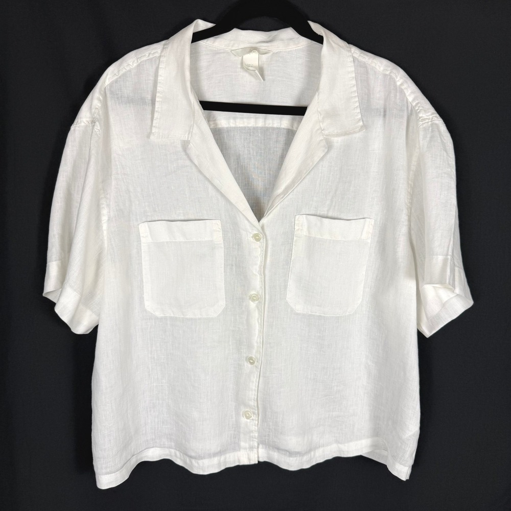 H & M White 100% Linen Collared Short-sleeve Shirt Size XL EUC